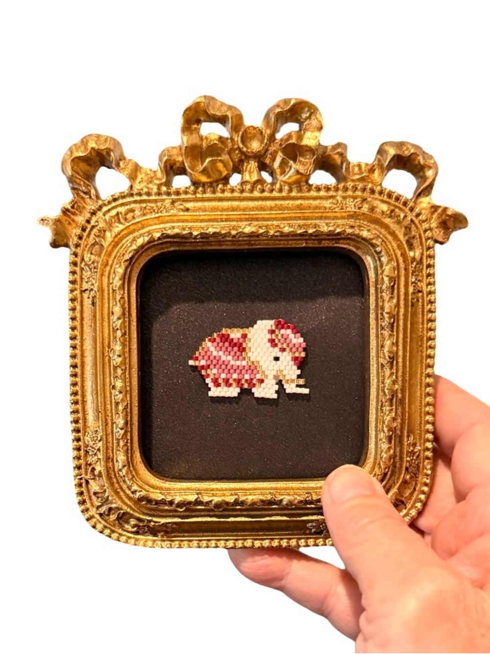 Hand-stitched Seed Bead Elephant Art, Miniature Ornate Gold Frame